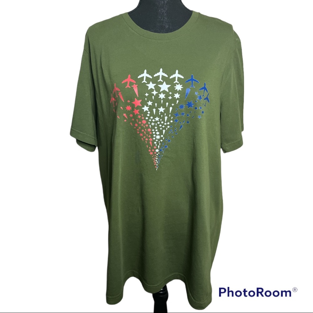Bella Canvas Green tee with red, white, and blue America design